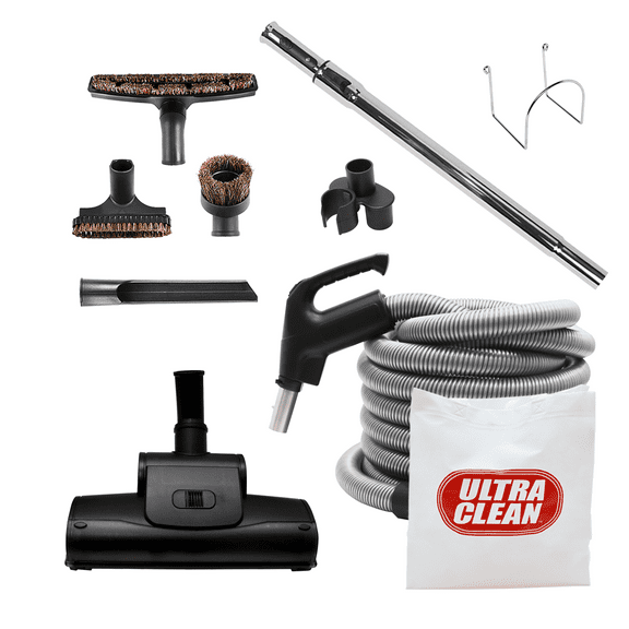 ULTRA CLEAN Central Vacuum Deluxe Plus Accessories Kit, With Low-Voltage hose, ON/OFF Control at the handle, Air driven Carpet Beater, floor brush and accessories, for hard surfaces & carpets (30 ft)
