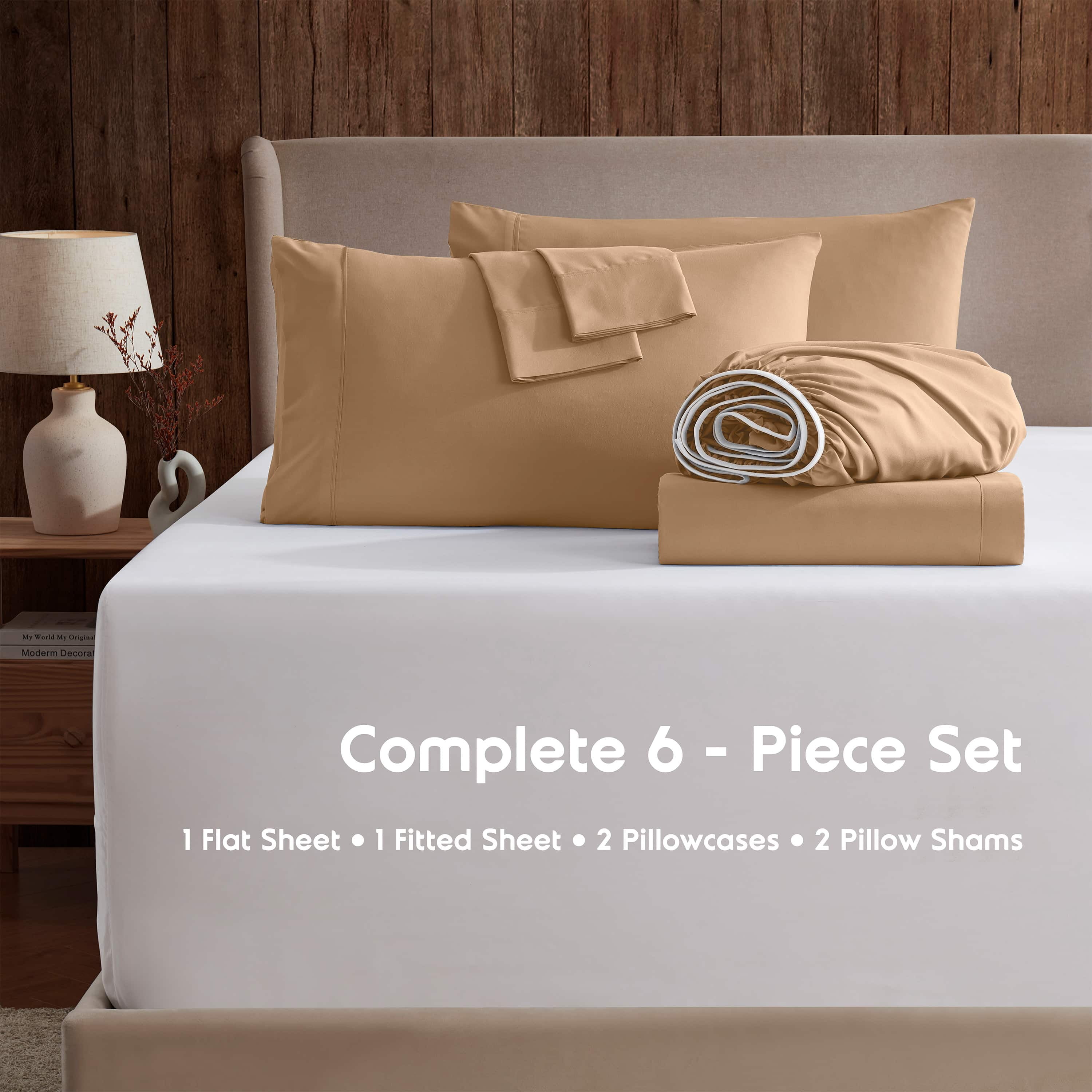 LammaLoe Extra Deep Pocket Queen Sheets set, Fits 18"-24" Mattress, 6 Piece Soft Microfiber Bed Sheet Sets, Mocha Light Brown