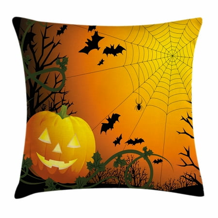 Halloween Cushions Spider Web Throw Pillow Cushion Cover, Halloween Themed Composition with Pumpkin Leaves Trees Web and Bats, Decorative Square Accent Pillow Case, 16 X 16 Inches, Orange Dark Green Black, by Ambesonne ()