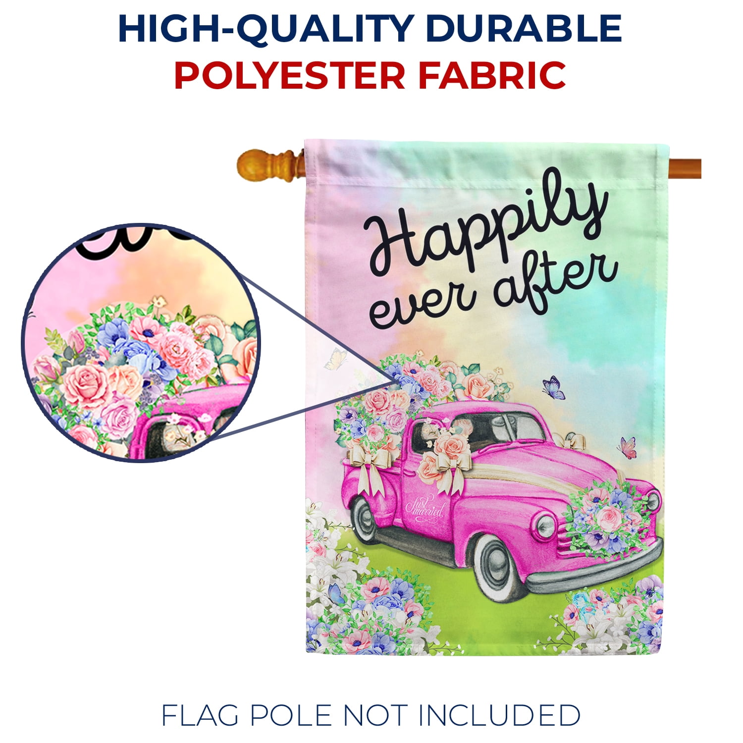 America Forever Happily Ever After Wedding House Flag 28 x 40 inch Double Sided, Floral Pink Pickup Truck Marriage Decor, Welcome Bride & Groom, Wedding, Engagement, Bridal Shower Flag