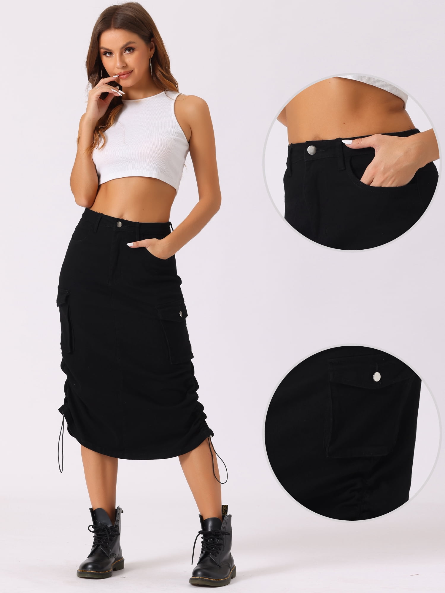 DARING DIVA Women's Y2K Adjustable Casual A-Line Midi Jean Skirt S Black