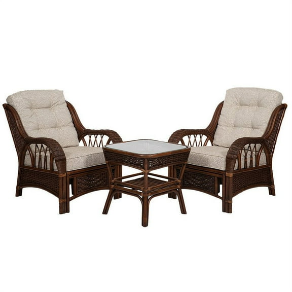 SK New Interiors Set of 2 Alexa Living Armchairs Dark Walnut Color and Square Coffee Table Natural Rattan Wicker Handmade Design with Cushion