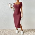 thumbnail image 2 of bbyeadc Red Cocktail Dresses for Women 2025 Summer, New French Stand Alone Square Neck Short Sleeve Side Slit Dresses (Wine, L), 2 of 7
