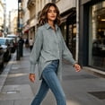thumbnail image 4 of hoksml Women's Vertical Stripe Button Down Shirt, Smocked Cuff Oversized Pocket Blouse for Office Daily Vacation Wear, 4 of 9