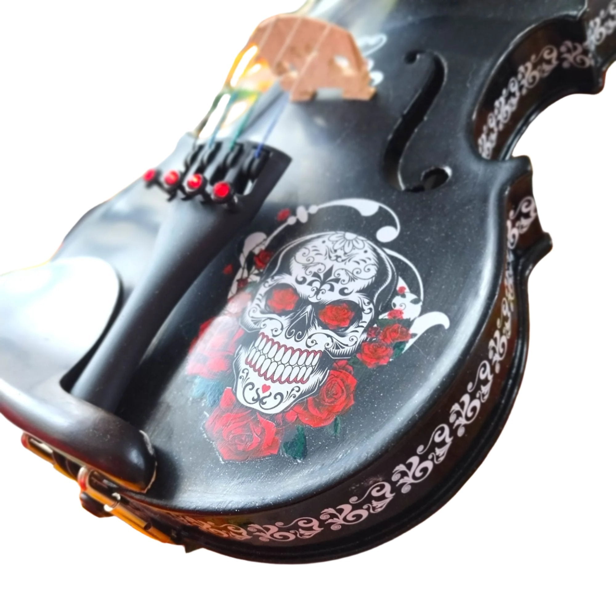 Cinco de Mayo Black Glitter Violin w Carbon Fiber Bow Case Crystal Fine Tuners Rosin Strings Set Up