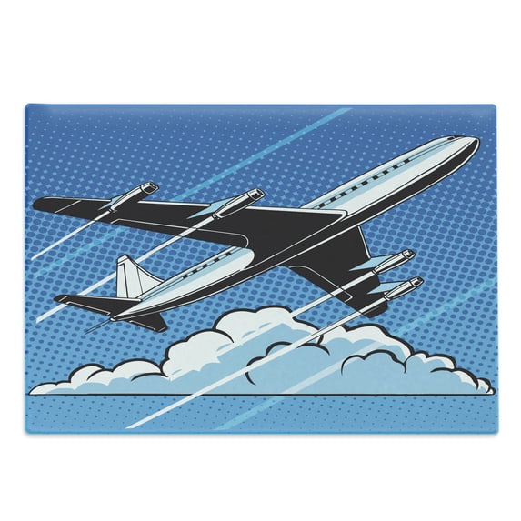 Airport Cutting Board, Pop Art Take Off Plane and Clouds on Polka Dots, Decorative Tempered Glass Cutting and Serving Board, in 3 Sizes, by Ambesonne