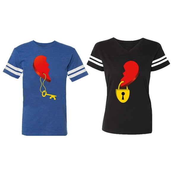 Heart Key Lock Matching Couple Cotton Jerseys (Men Royal / Women Black) (Men S / Women S)