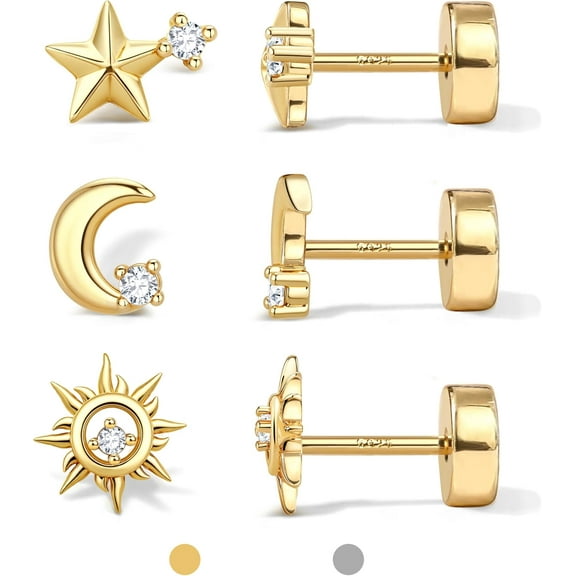 Flat Back Stud Earrings for Women and Men, Hypoallergenic 14k Gold Plated Post Stud Earrings Set, Gold and Silver Earrings with Screw, Ideal for Helix, Tragus, and Cartilage Piercings