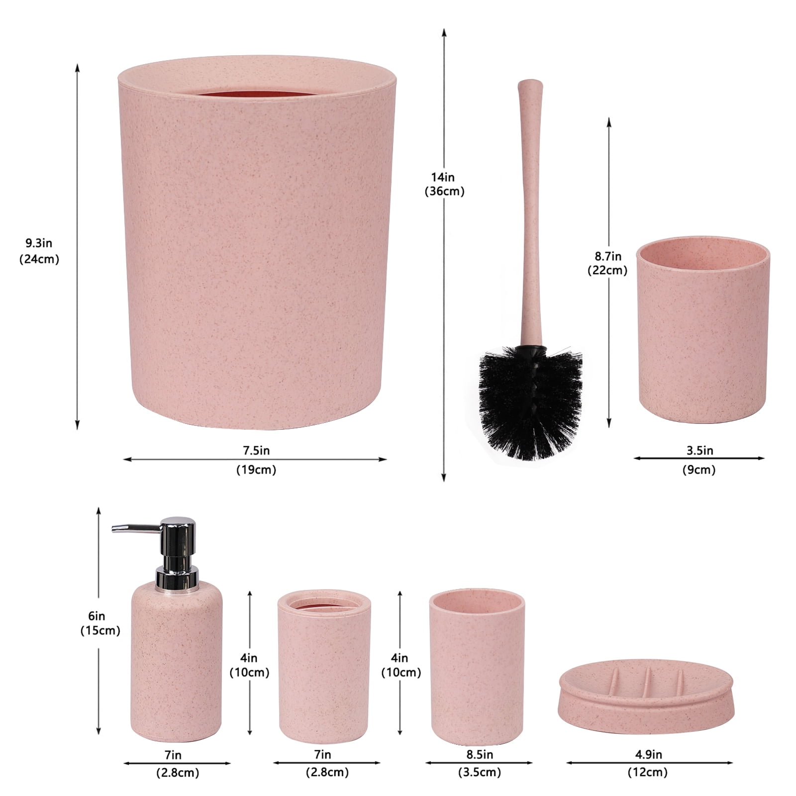 CERBIOR Bathroom Accessories Set 6 Piece Wheat Straw Bath Ensemble Includes Soap Dispenser, Toothbrush Holder, Toothbrush Cup, Soap Dish for Decorative Countertop and Housewarming Gift, Pink