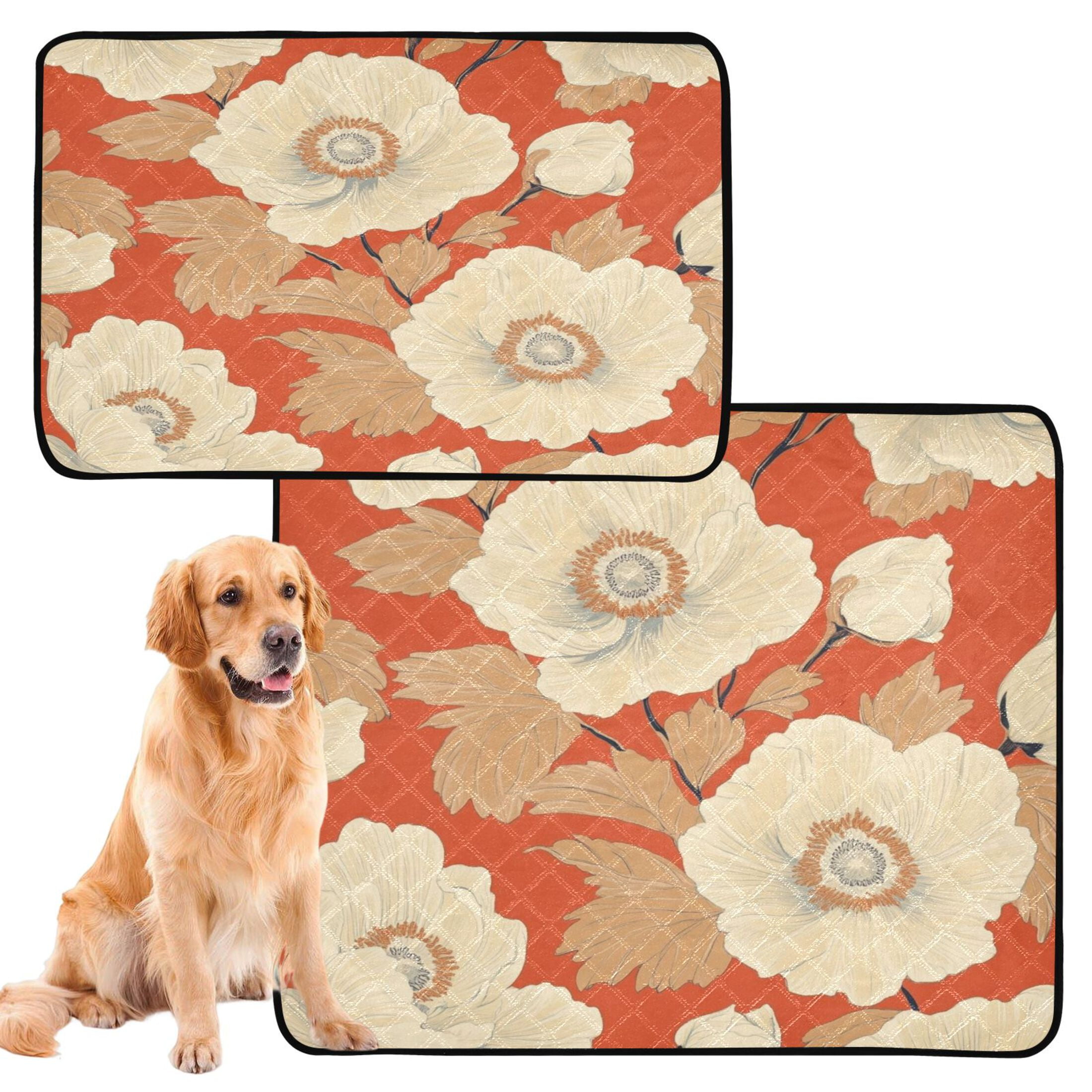 Qxltty White Flowers Orange Pattern Cat litter Pads Pet Set of 3 Diaper Mats Center Anti-leakage Layer Absorbent Soft and Comfortable