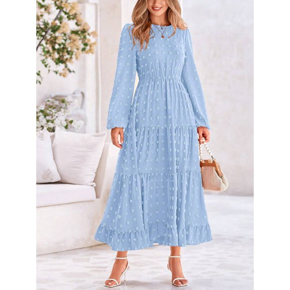 Light Blue Long Sleeve Tiered Maxi Dress With Floral Embroidery