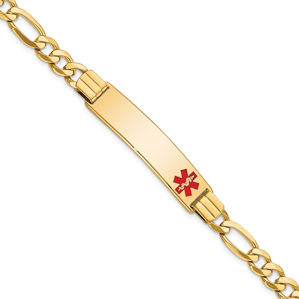 Auriga 14K Yellow Gold Red Enamel Flat Figaro Link Id Bracelet 7 inch for Women(L- 7inch, W- 10.5mm)