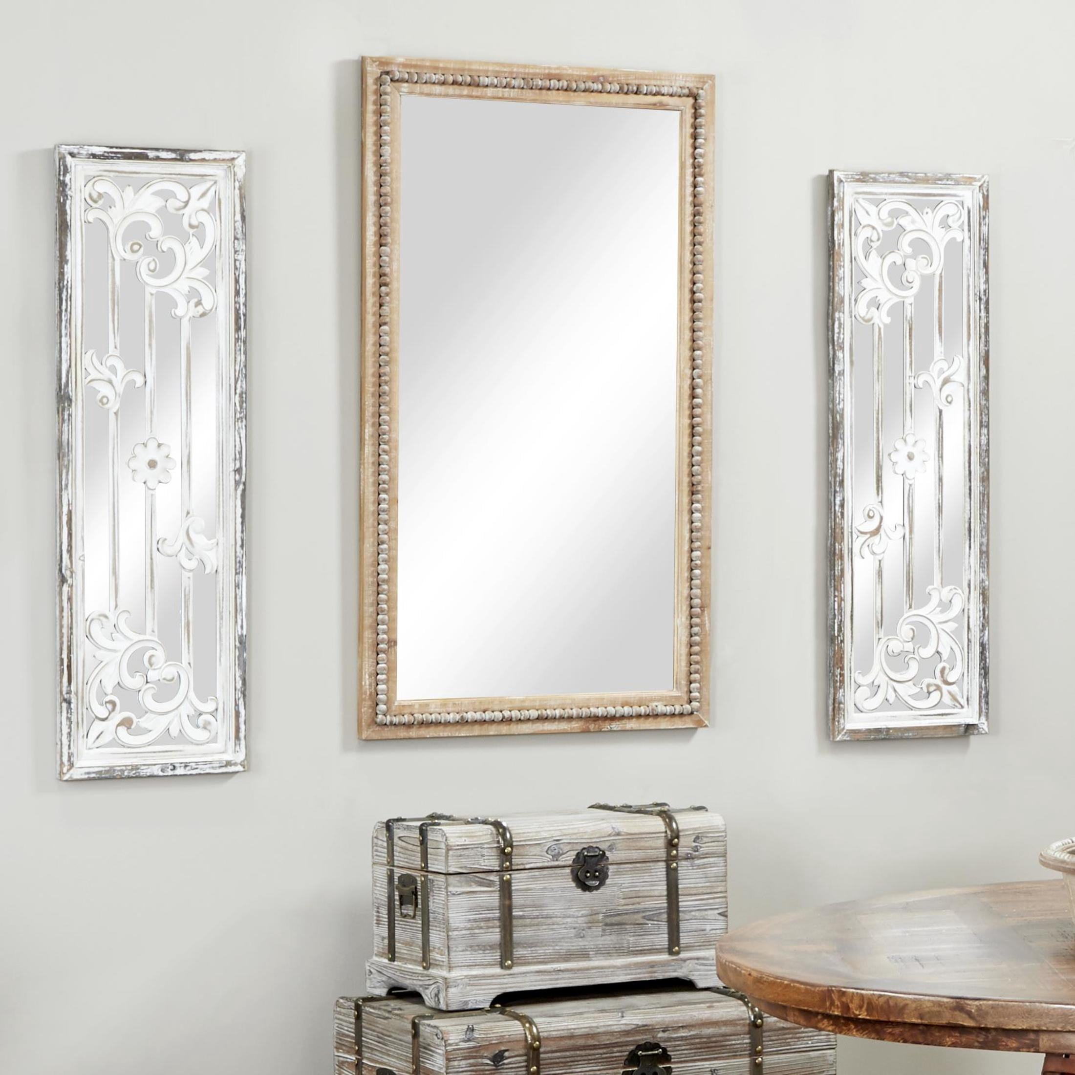 DecMode Brown Bohemian Wood Rectangular Wall Mirror, 28"W x 48"H with Carved Beads Detail
