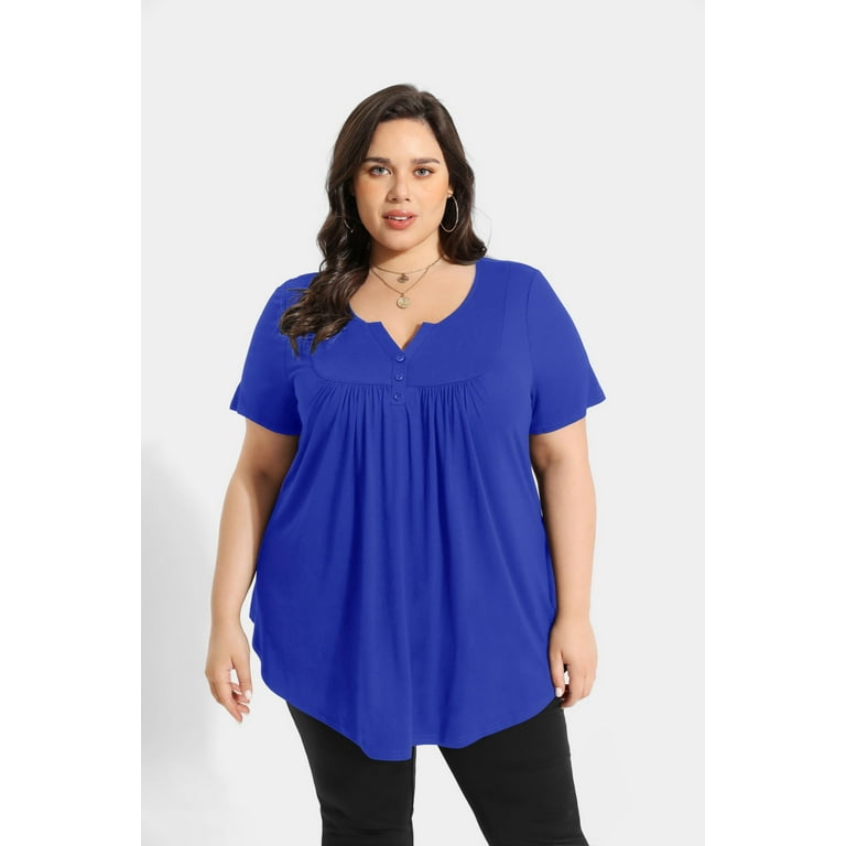 TIYOMI Plus Size Royal Blue Tops For Women Short Sleeve Blouses Henley Dressy Tunics Tops Buttons Up Shirts Swing Flowy Blouses Pleated Babydoll Loose