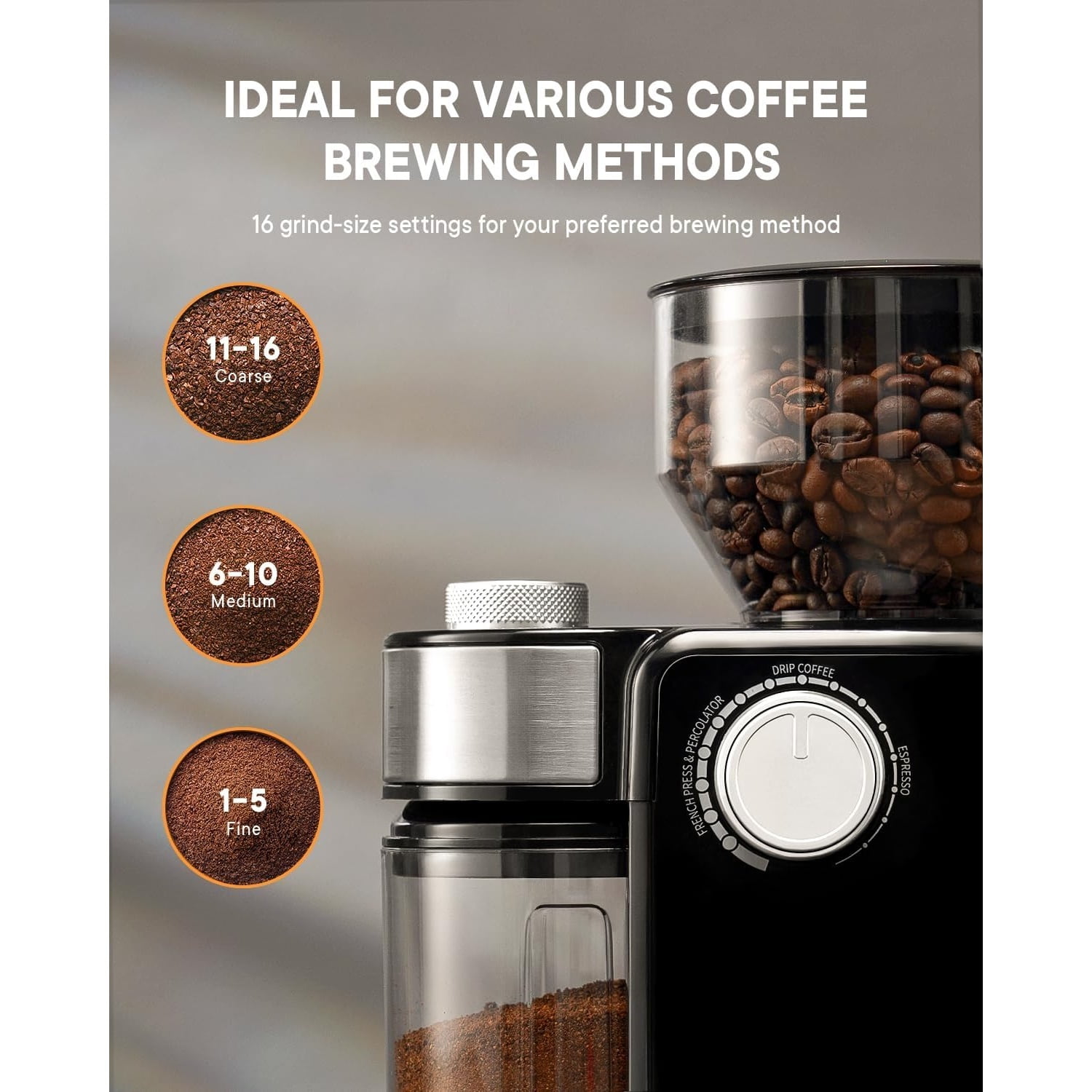 Electric Burr Coffee Grinder 2.0, Adjustable Burr Mill with 16 Precise Grind Setting for 2-14 Cup, Black