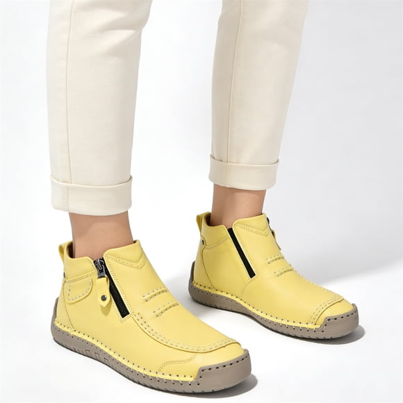 Mocassins en Cuir Cousus à la Main, Bottes Chukka à la Cheville Cousues à la Main pour Femmes avec Fermeture Éclair Latérale, Orthopédiques en Cuir Faits à la Main, Mocassins Montants Décontractés Confort à Enfiler, Chaussures Plates d'Extérieur pour la Marche et la Conduite, Jaune 6