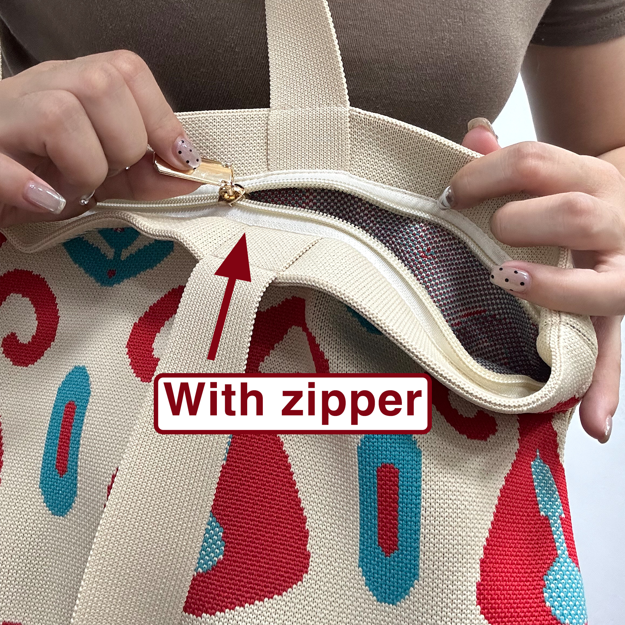 Crocheted Tote Bag Women's large foldable beach Bag Zipper Open fit medieval pattern shoulder bag ideal for shopping trips