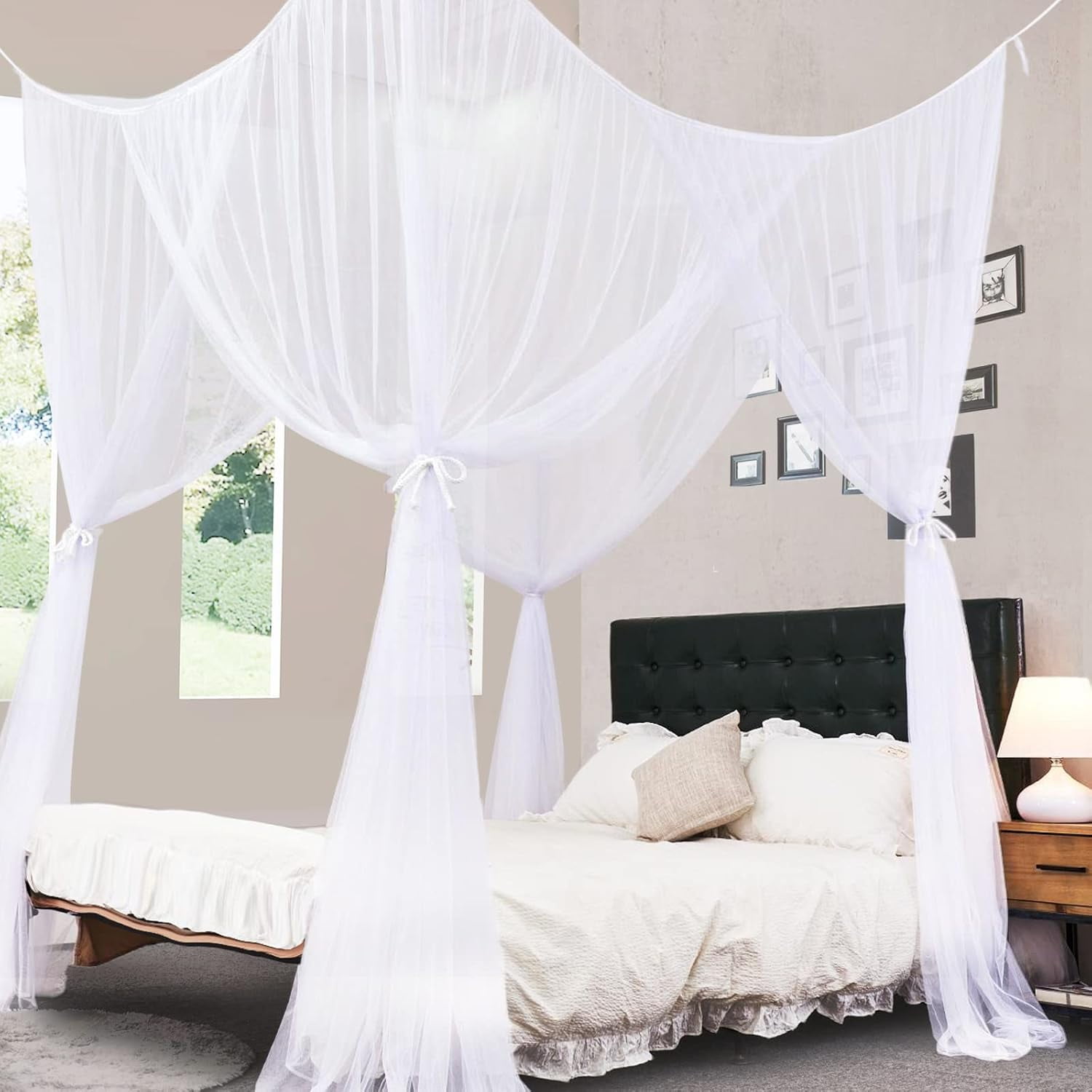 Black Canopy Bed Curtains, 4 Corner Post Bed Canopy for Girls & Adults, Top Luxurious Bed Drapes for Bedroom Decoration, 4 Openings, 100% Ripstop Polyester, Easy Install, King/Queen Size