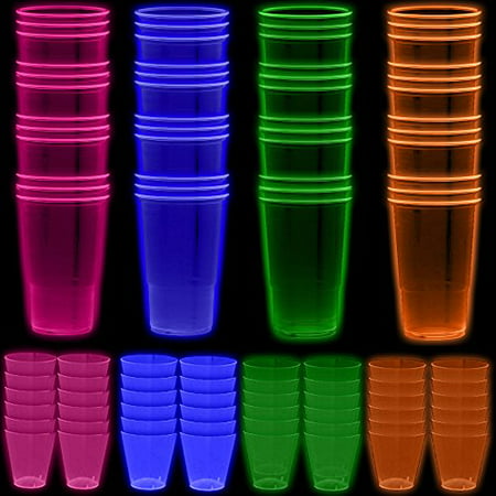 Neon Party Cups - 96 Pack - 48 Soft 18 OZ Beer Cups and 48 Hard plastic 1 OZ Shot Glasses - UV Reactive Blacklight Colors - Pink, Green, Blue, Orange - Birthdays, Clubs, 80s Festivals, Beer Pong,