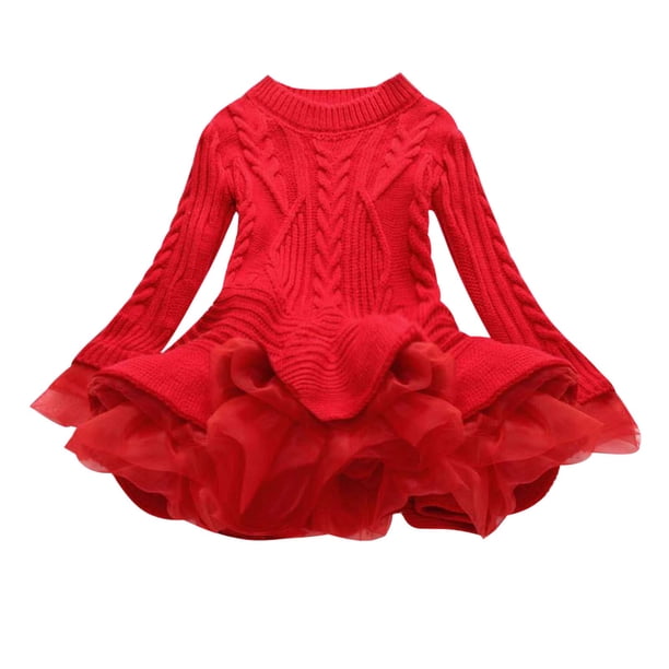 Odeerbi Niñas de Algodón de Punto Por Cable Suéter Vestido de Tul Tutú Princesa Vestidos de Color Sólido Cuello Redondo Vestido de Manga Larga Body