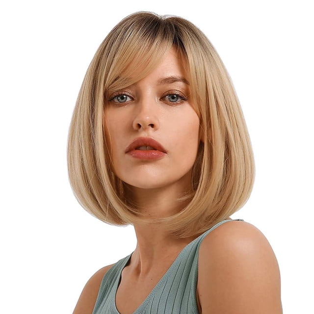 Peluca rubia Bob con flequillo pelucas cortas para mujeres pelucas rectas de fibra sintética Natural resistente al calor como cabello Real 14 pulgadas