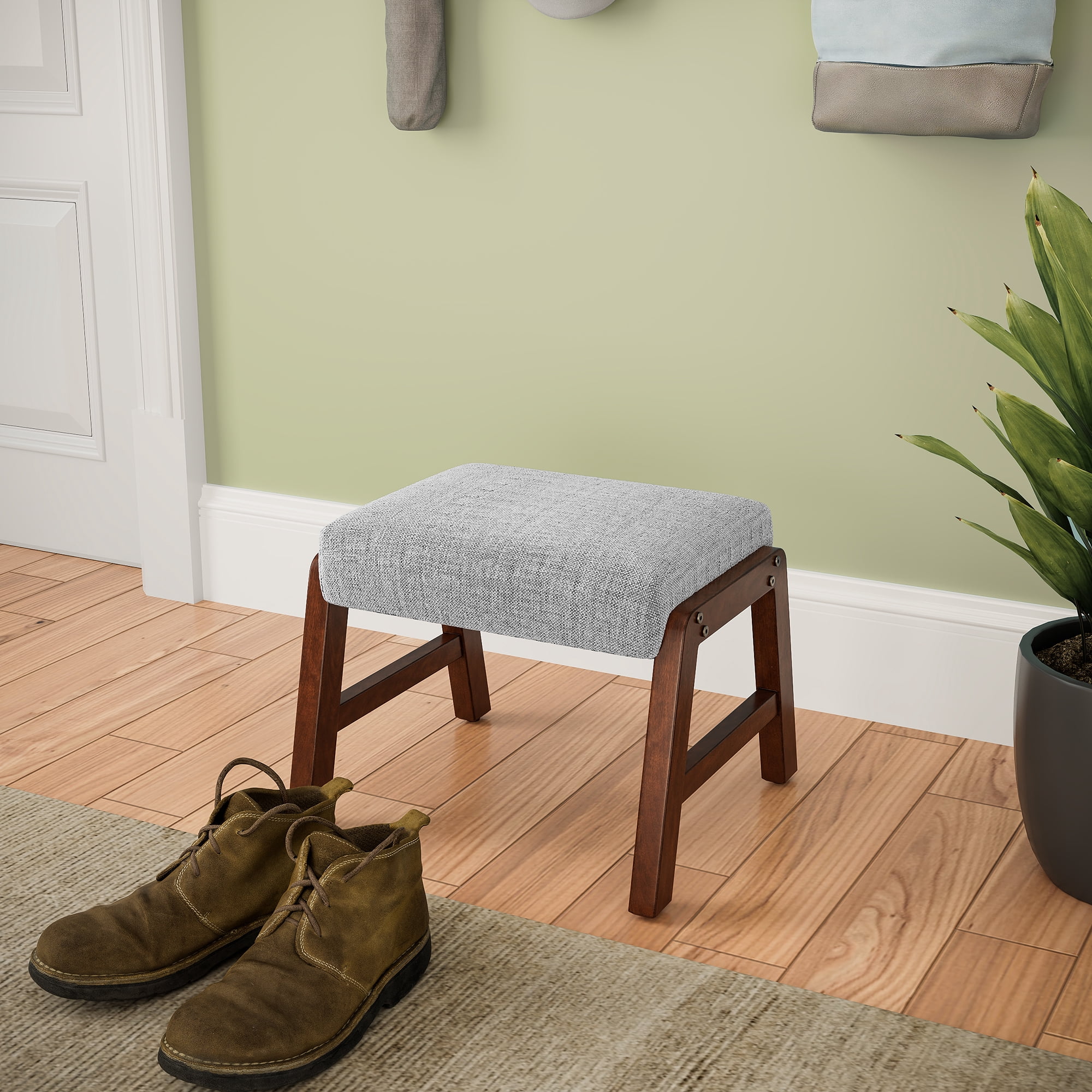 Small Footstool Ottoman, Fabric Wooden Foot Rest Ottoman with Wood Legs, Small Foot Stool Sofa Footrest Extra Seating for Living Room Entryway Office, Light Grey