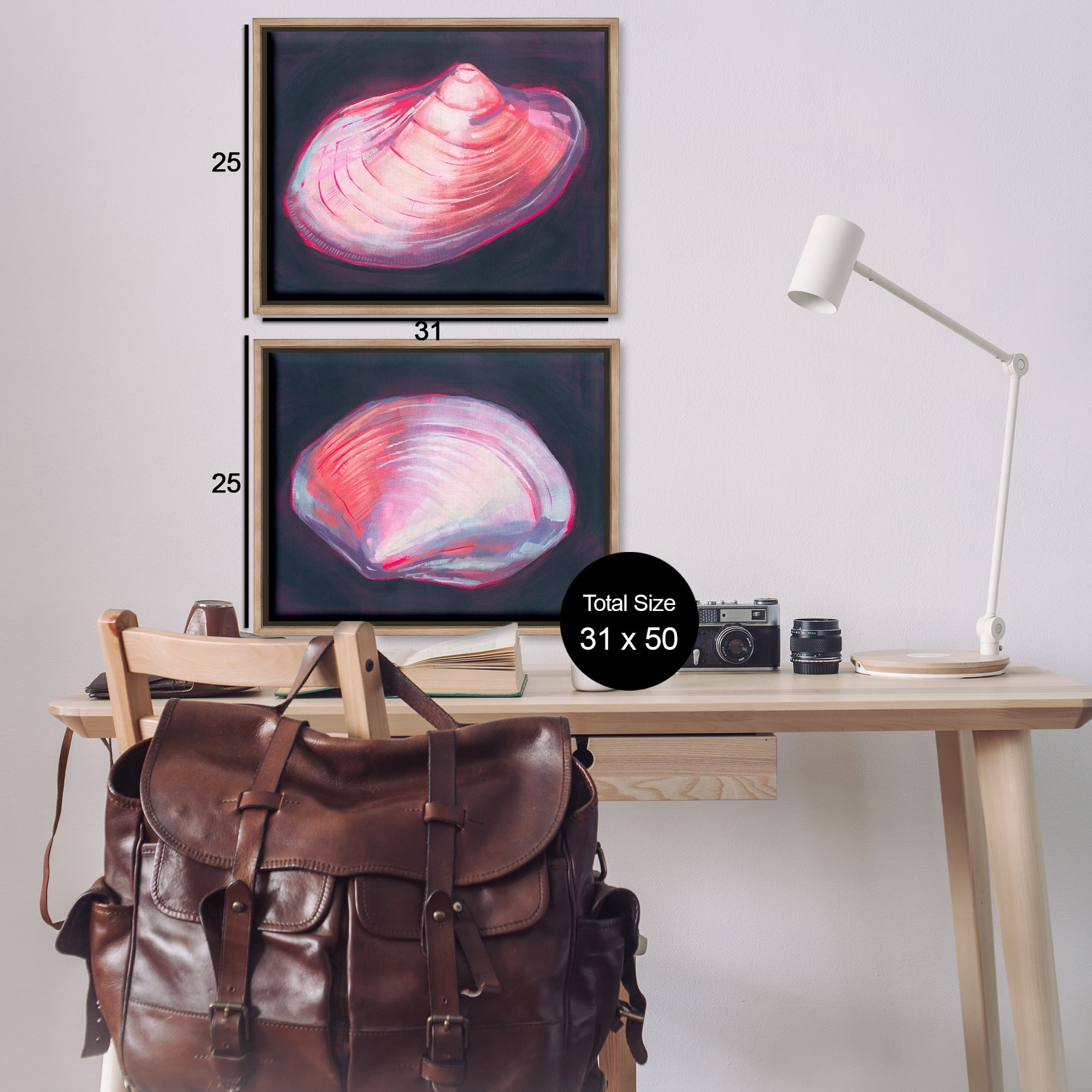 Stupell Industries Pink Clam Shells Nautical & Beach Painting Brown Floater Framed Canvas Art Print Wall Art, 31 x 25, Set of 2