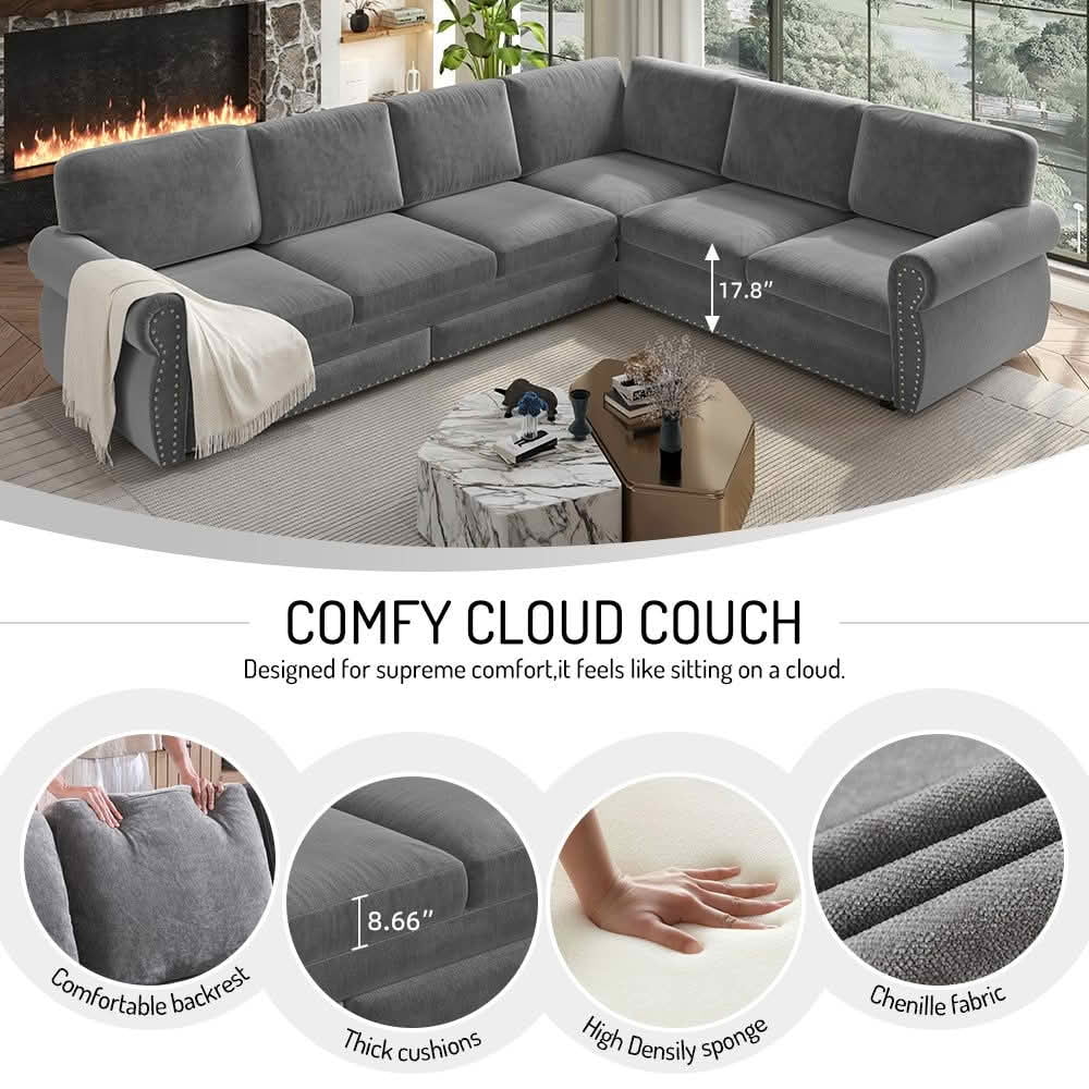 MAYEERTY 118" L‑Shaped Convertible Pull‑Out Sofa Bed, Chenille Sectional Couch with Nailhead Trim & Rolled Arms, Oversized Multifunctional Sleeper Sofa