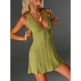 thumbnail image 6 of Green Deep V-Neck Halter Mini Dress With Hollow-Out Jacquard Pattern, Vacation Style Spring Summer, 6 of 7