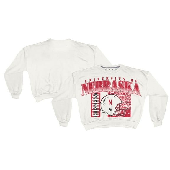 Women's Pressbox White Nebraska Huskers Oversized Janice Retro Waist-Length Sweatshirt