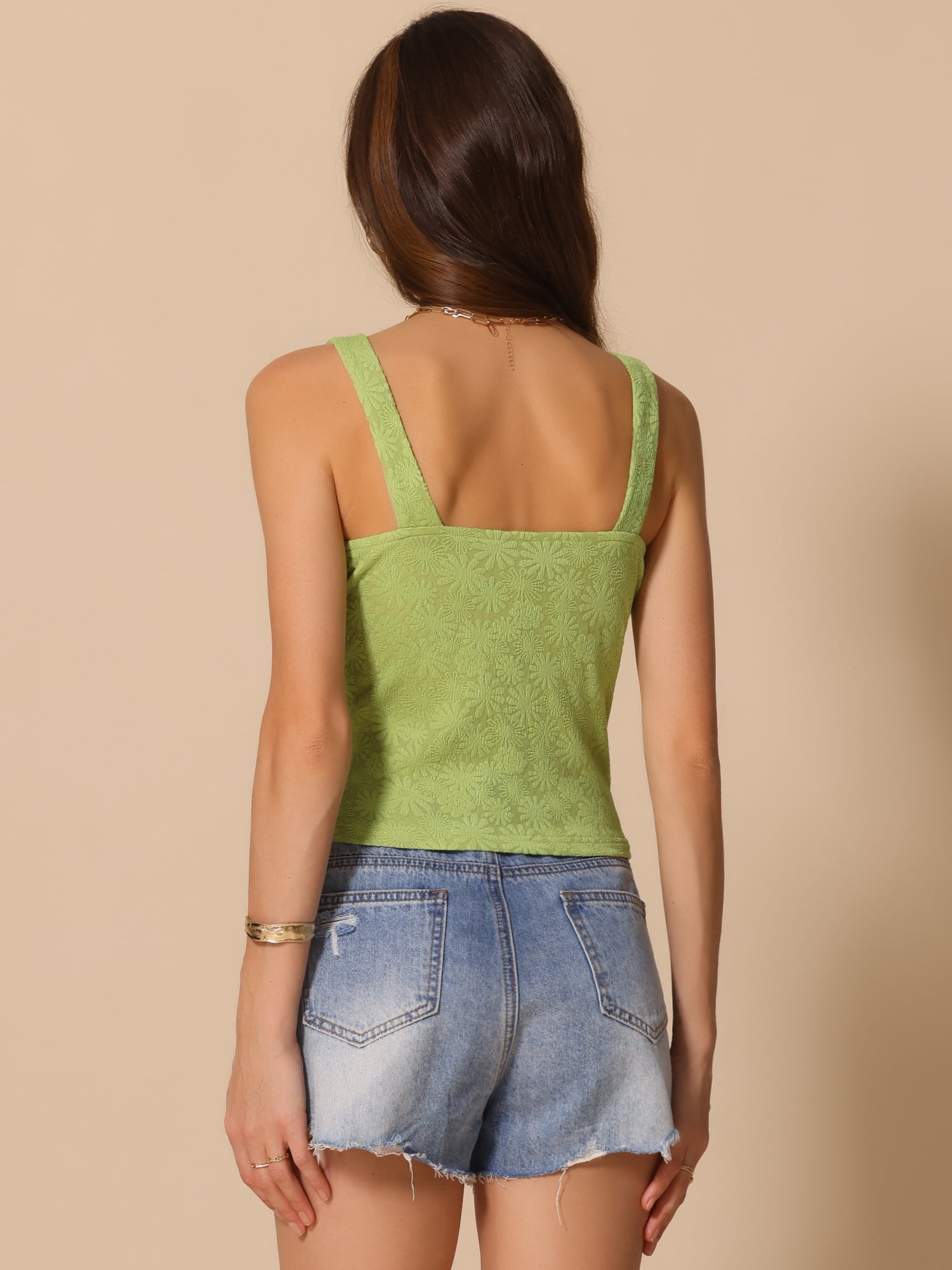 DARING DIVA Women's Wide Strap Lettuce Floral Trim Crop Cami Tops L Avocado Green