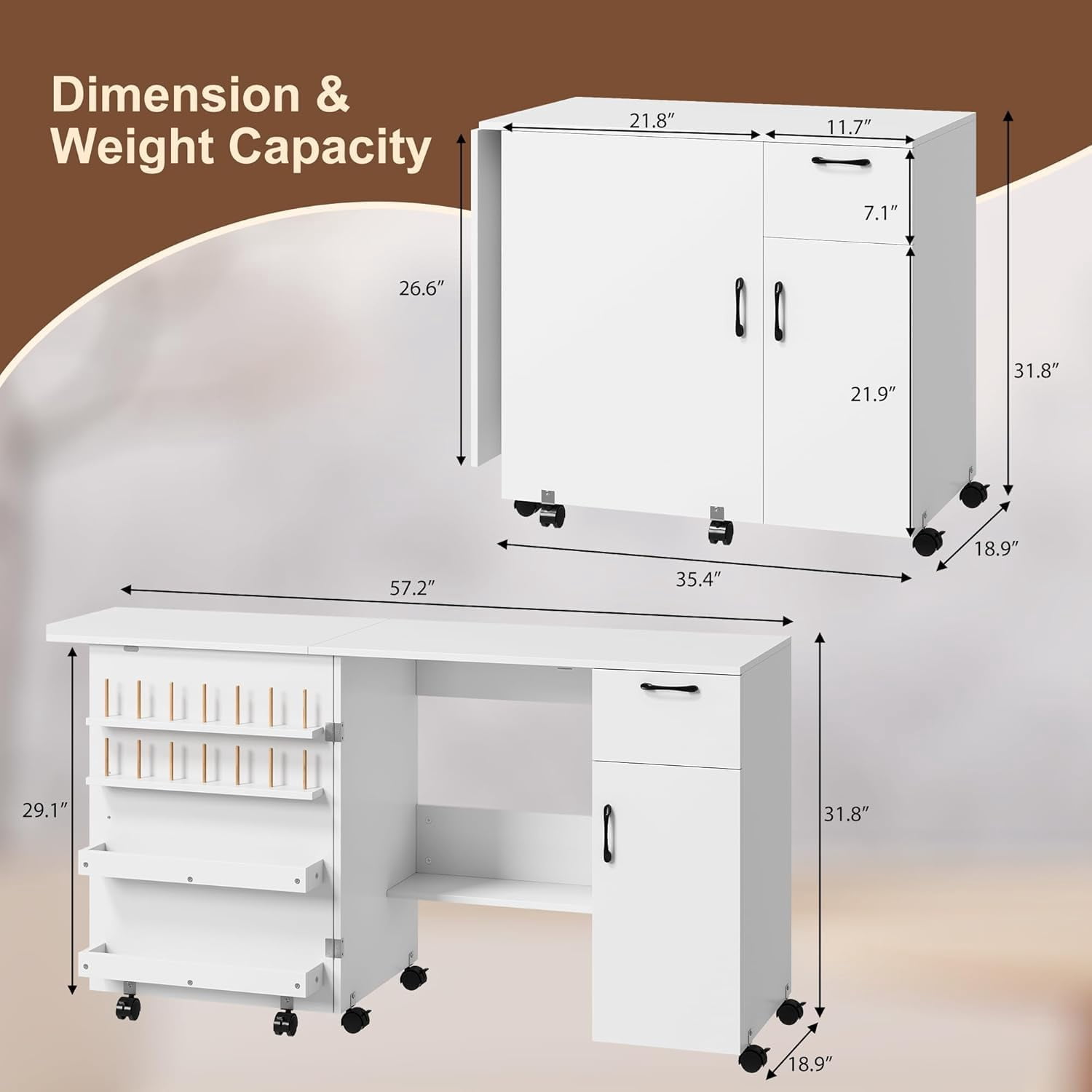 QinaQin Folding Sewing Machine Table with Storage Shelves and Sliding Drawers, Sewing Machine Side Table with Lockable Wheels, Suitable for Home, Bedroom, and Small Space Craft Workbench