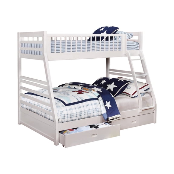 Wooden Twin Over Full Bunk Bed with Wheel Supported Bottom Drawers White- Saltoro Sherpi
