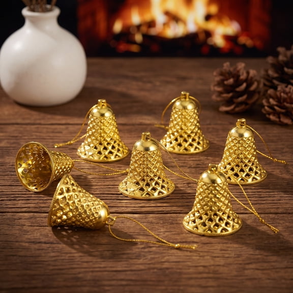 DEEPCRAFF 12Pcs Golden Plastic Christmas Tree Decorations Bell Hanging Ornaments for Festive Holiday Decor