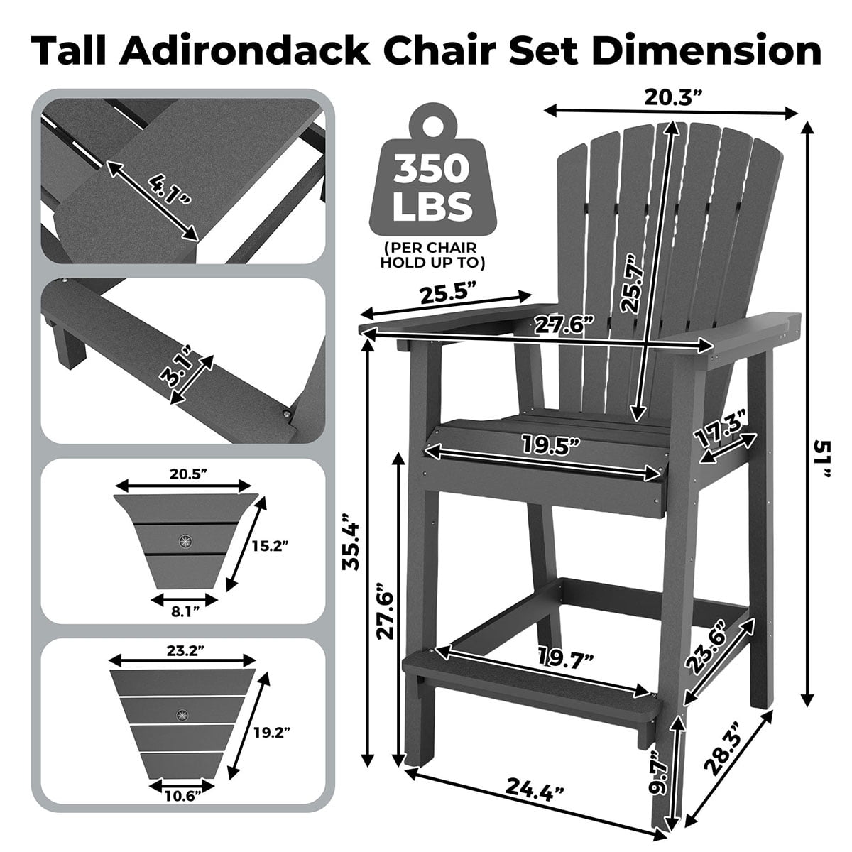 Ataucjin Outdoor Bar Height Adirondack Chairs with Connecting Tray, Balcony Chairs Recycled Poly Adirondack for Deck, Backyard, Outdoor Tall Adirondack Chairs Weather Resistant Set of 2
