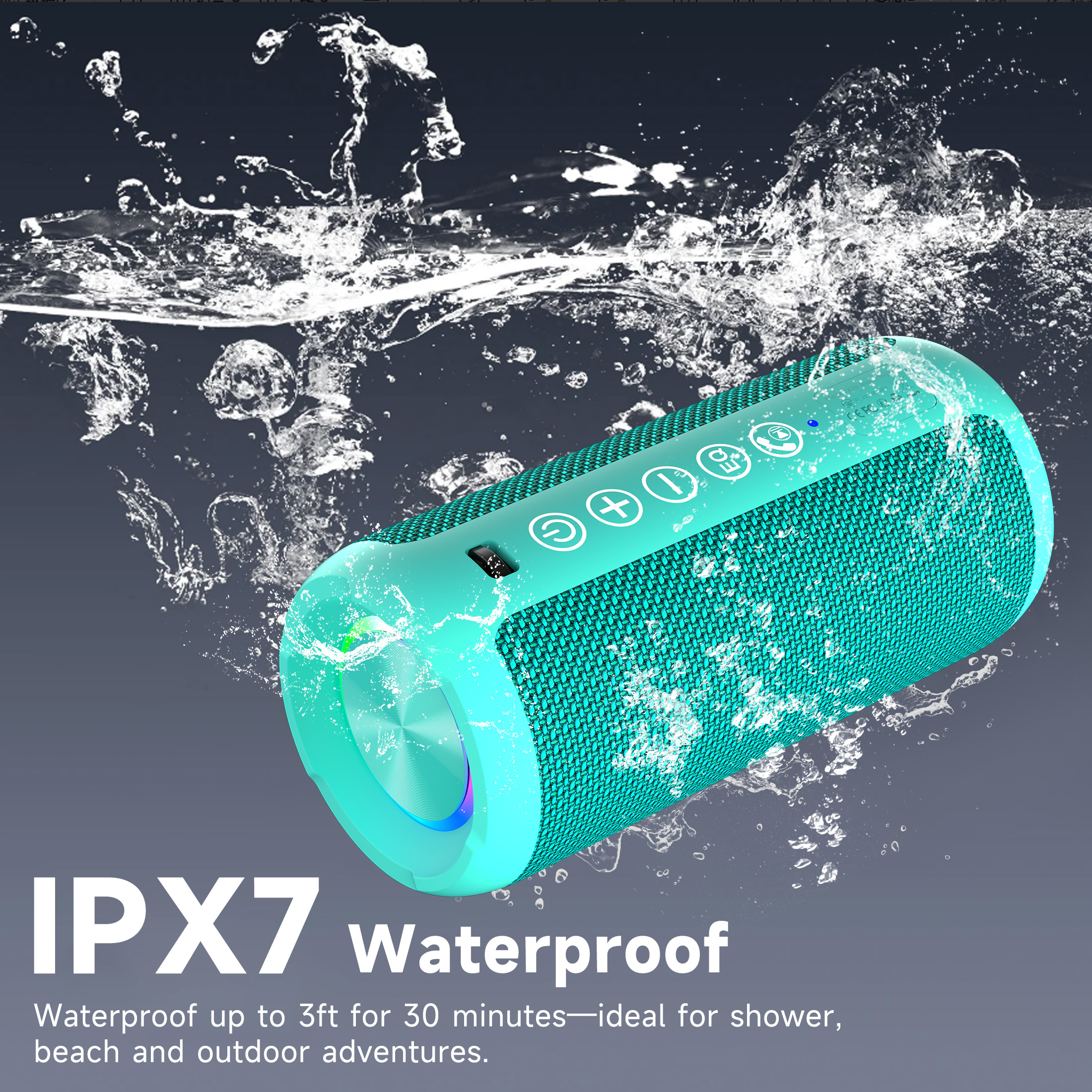 Solorage Portable Bluetooth Speaker IPX7 Waterproof, 24W Loud Sound, Deep Bass, Bluetooth 5.3, 30H Playtime, Wireless Stereo Pairing, LED Lights, for Home/Beach/Party/Outdoors-Blue Green