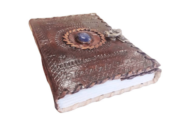 Handmade Leather Journal with Blue Stone – 5x7 Inch Embossed Notebook, 200 Pages of White Drawing Paper