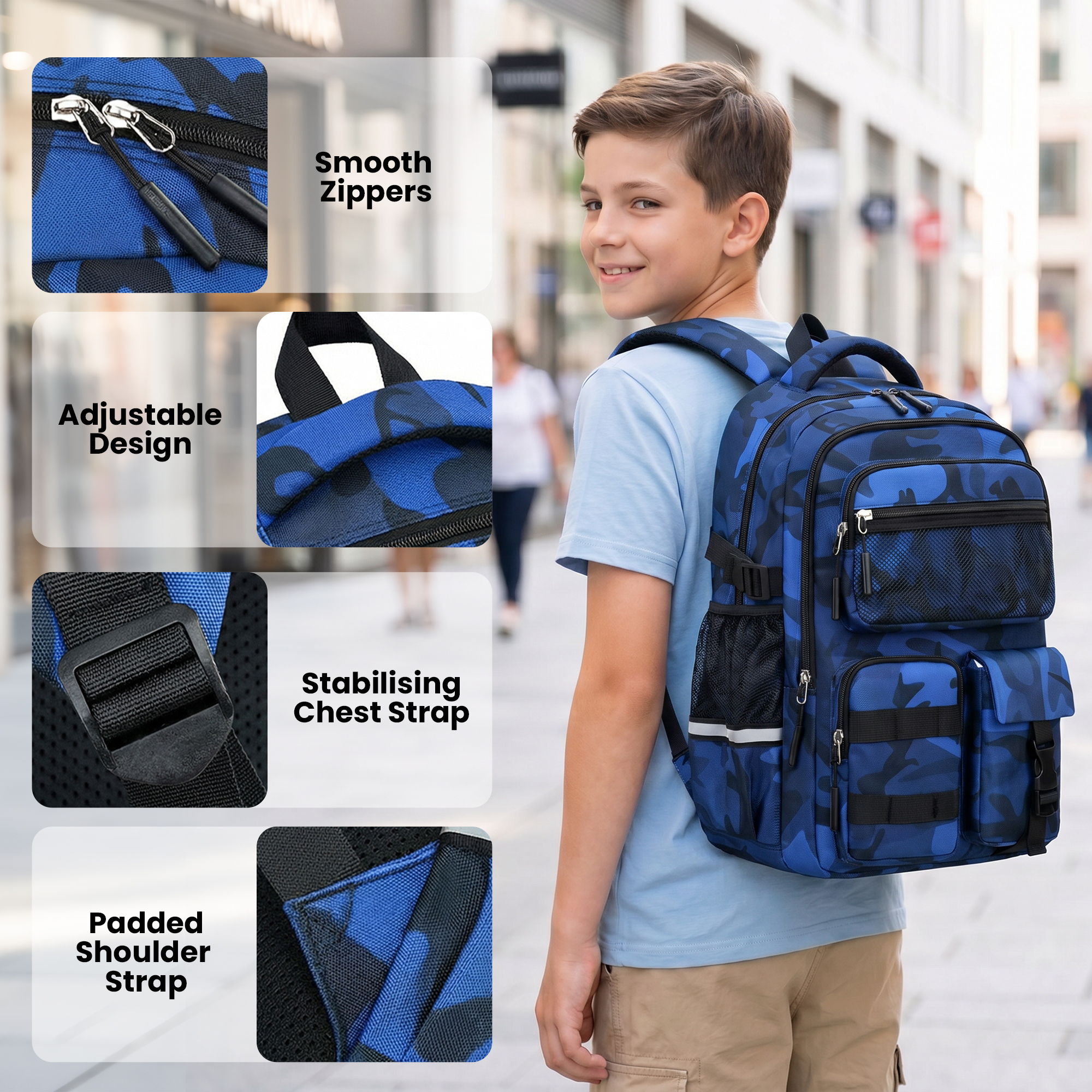 Mochila escolar para niños de 1° a 5° grado, camuflada, repelente al agua, con tiras reflectantes, transpirable, para primaria y secundaria, 22L 4
