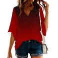 thumbnail image 2 of Olyvenn Women's V-Neck Gradient Color Block Bell Sleeve Top Casual Loose Fit Asymmetric Hem Blouse Wine L, 2 of 7