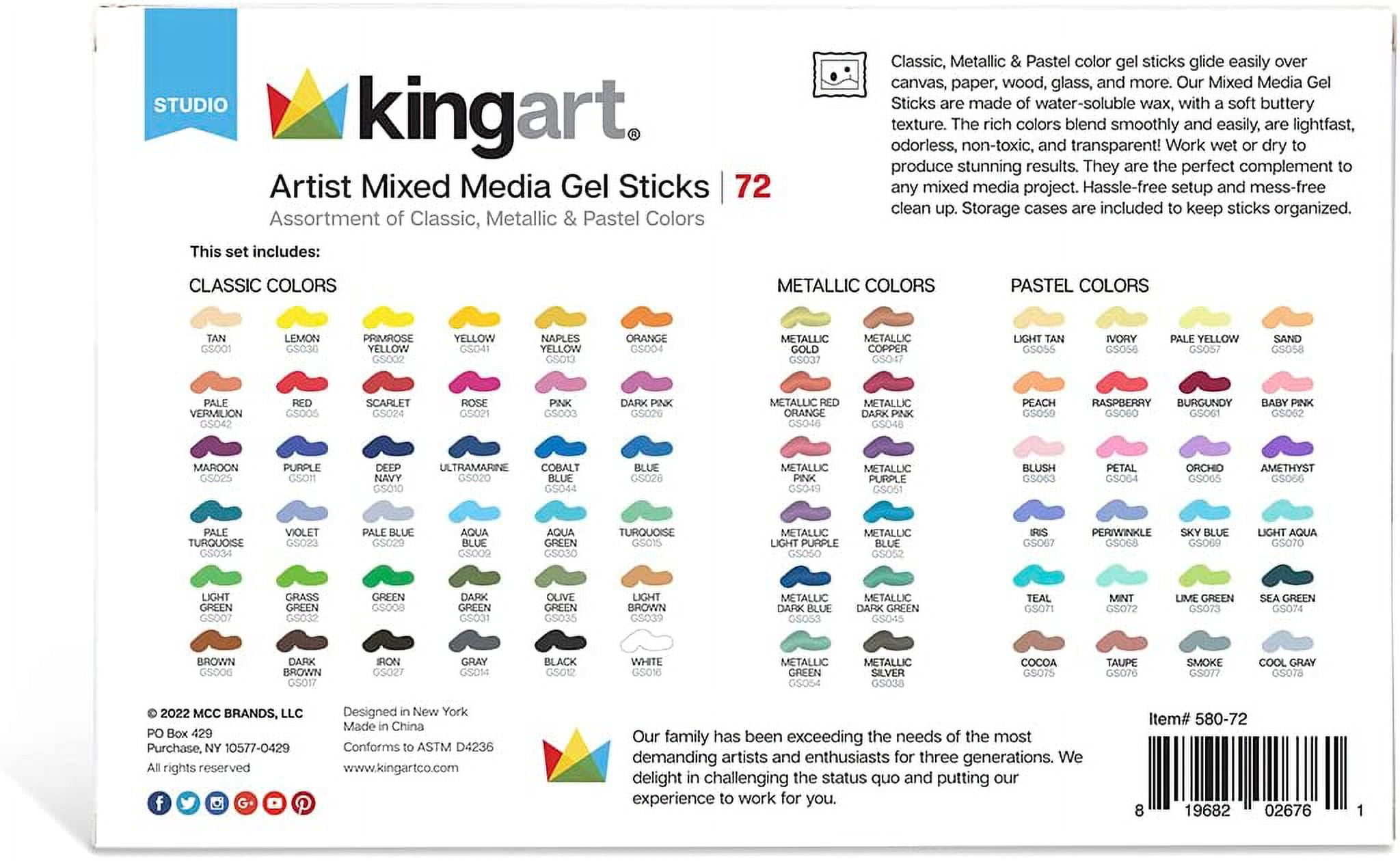 KINGART Gel Stick Artist Crayons – 72 Unique Vibrant Colors for Mixed Media, Blending, and Creative Art Projects