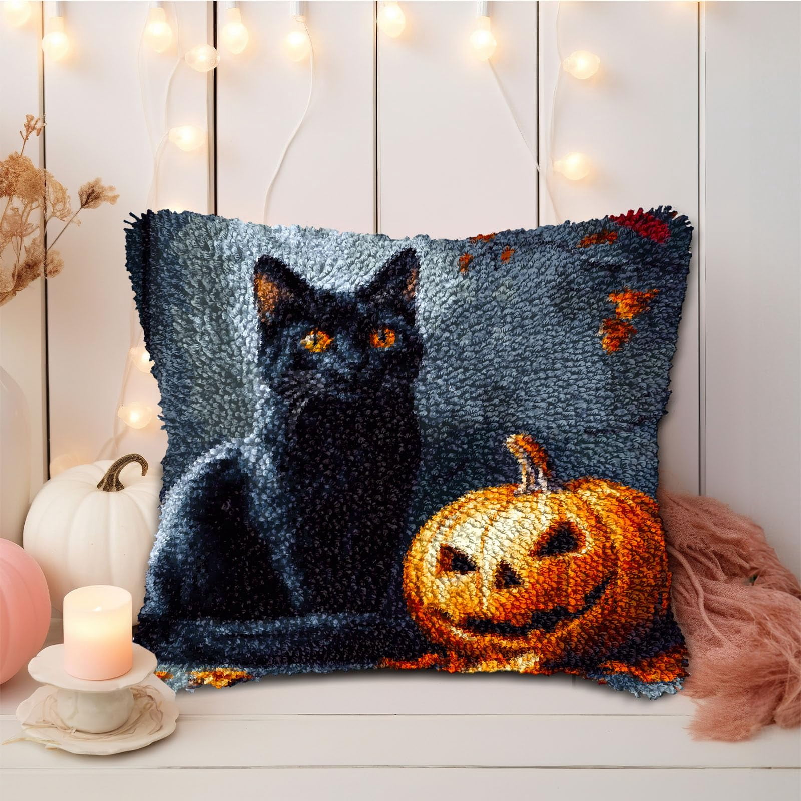 DIY Latch Hook Pillow Kits Halloween Cat and Pumpkin Printed Pillowcase Crochet Yarns Hooking Handmade Pillow Cover Cushion for Home Sofa Decoration 17x17inch-1