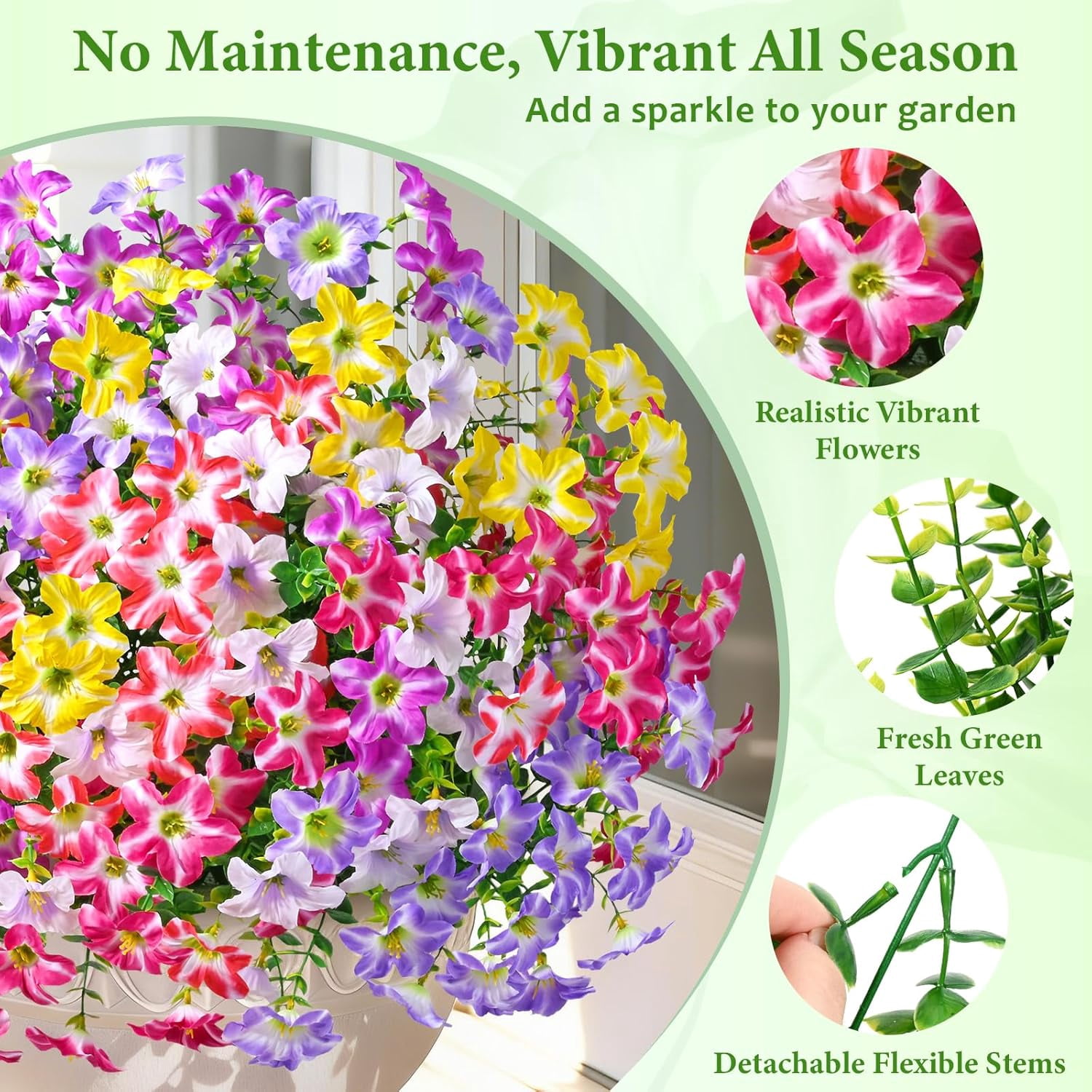 Yastouay 24 Bundles Artificial Petunias Flowers for Outdoors,UV Resistant Fake Flowers for Planters,Mixcolor Faux Petunias Silk Flowers for Proch Garden Yard Decor