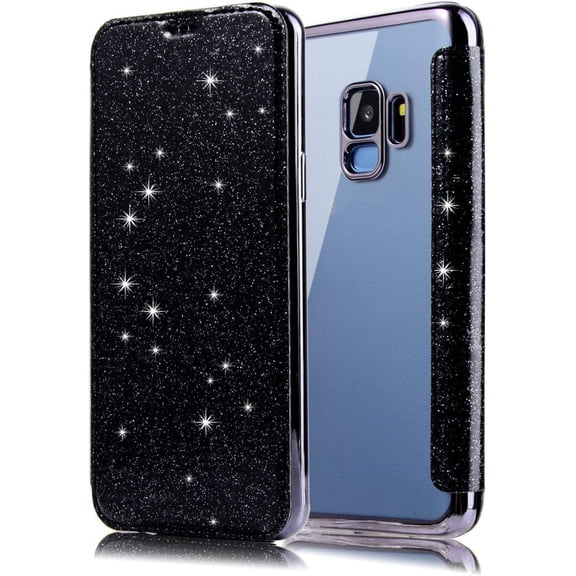 case for Samsung Galaxy Note 20 10 9 8 Ultra Pro Phone Case, Sparkly Comcase fortable PU Top Cover Soft Clear TPU Back Cover with Card Holder, Full Wrap-Around Bumper(Black,Note 10)