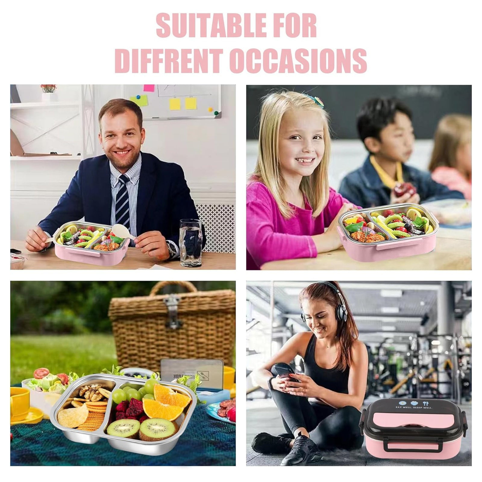 WMGHA Stainless Steel Leakproof 2-Compartment Bento Lunch Box/Portion Control Food Container with Chopsticks Spoon, BPA Free,Insulated Partitioned Bento Box for Adults,Men,Women,1000ml/34oz