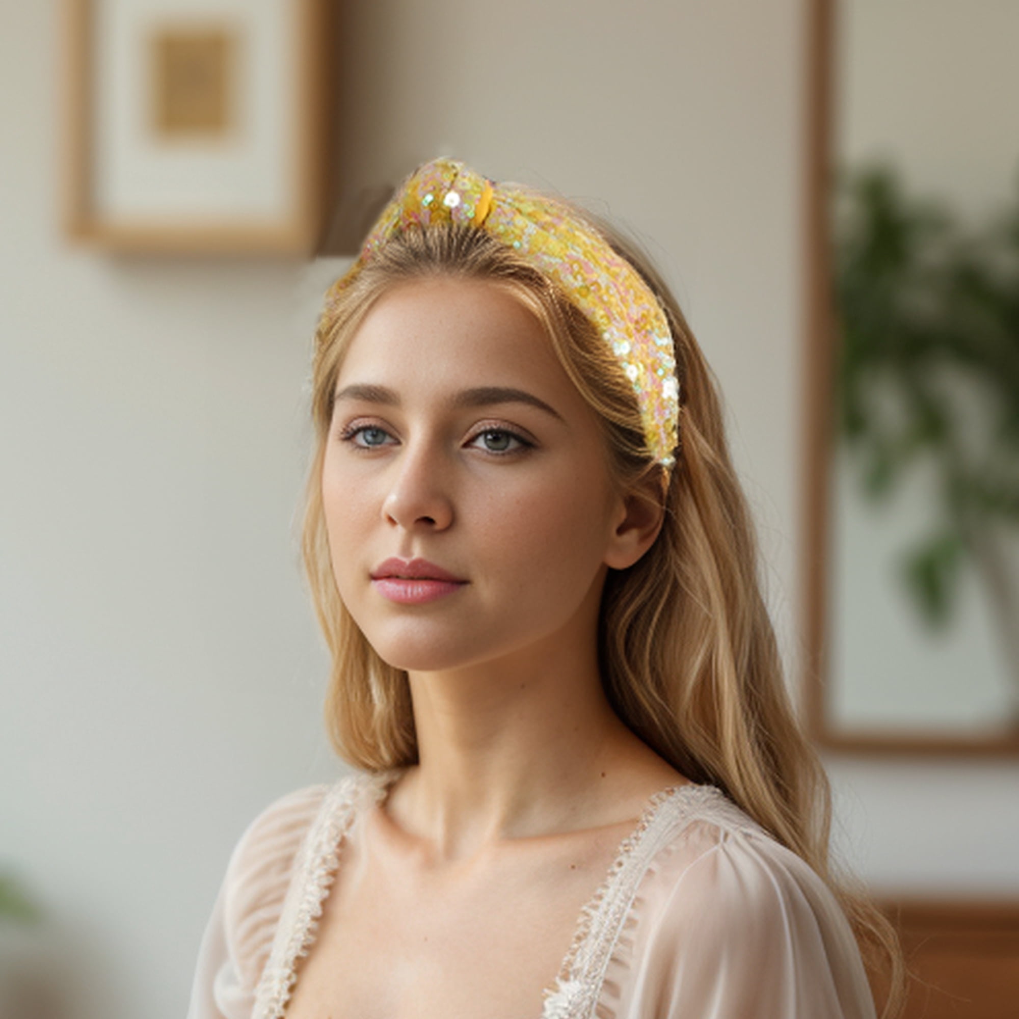 Unique Bargains Cute Sequined Hairbands for Women Yellow