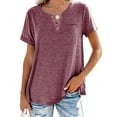 thumbnail image 3 of MAWCLOS Dames T-Shirt Couleur Unie Tops V Cou Tee Confortable Rue Manches Courtes Blouse Claret S, 3 of 7