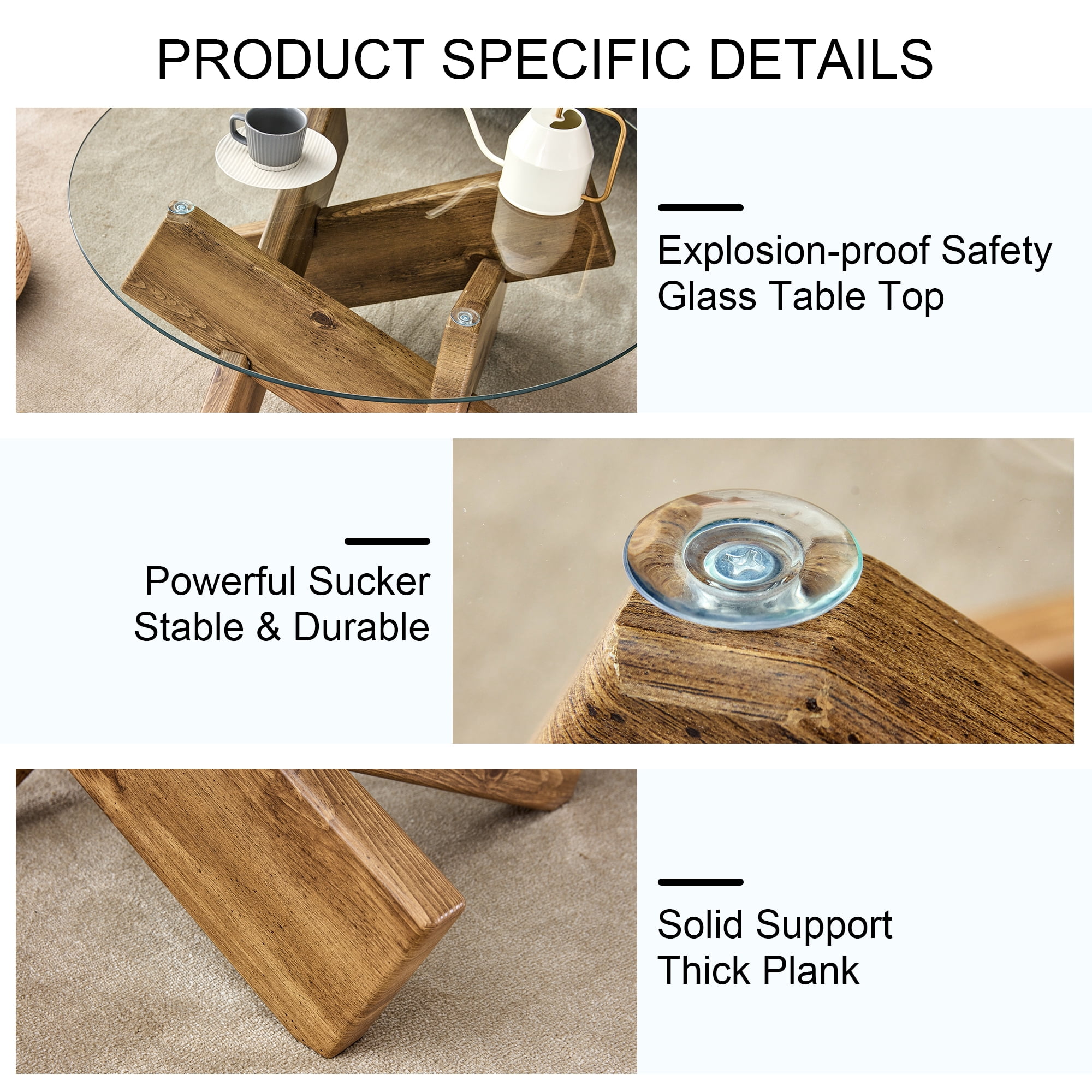 NYEESS 33.4" Round Glass Coffee Table, Tempered Glass Top with Rustic MDF Legs, Natural Farmhouse Style Living Room Accent Table