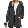 thumbnail image 2 of Women's Fashionable Casual Warm Thick Plush Striped Embossed Button Hooded Cardigan Coat Dark Gray S, 2 of 6
