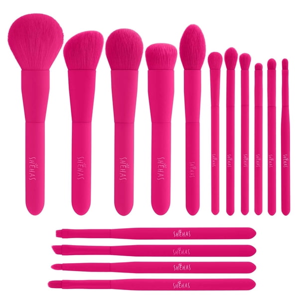 Set de brochas de maquillaje TEXAMO, 15 piezas, sintéticas, con funda, color rosa intenso