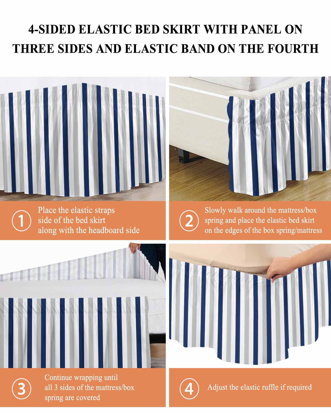 Navy Blue White Stripes Ruffle Bed Skirt King Size Minimalist Abstract Vertical Striped Adjustable Elastic Dust Bed Skirts Wrap Around Bedskirt Wrinkle Free Easy Fit with 18 Inch Drop